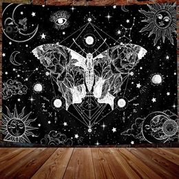 Tapisseries géométriques papillon tapisserie tenture murale Trippy sorcière Goth noir et blanc papillon soleil lune mystique foncé