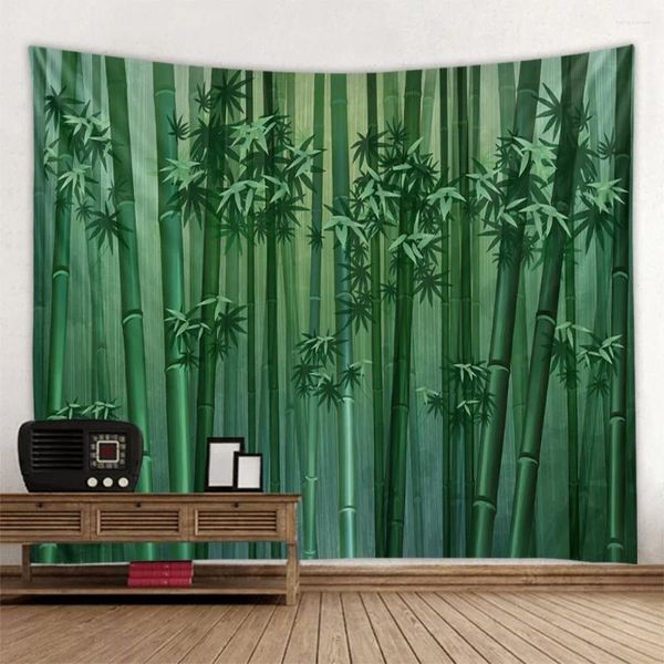 Tapices Bosque de bambú verde Tapestería Muro de pared colgante Decoración de arte del árbol de flores dormitorio y sala de estar de sala de estar