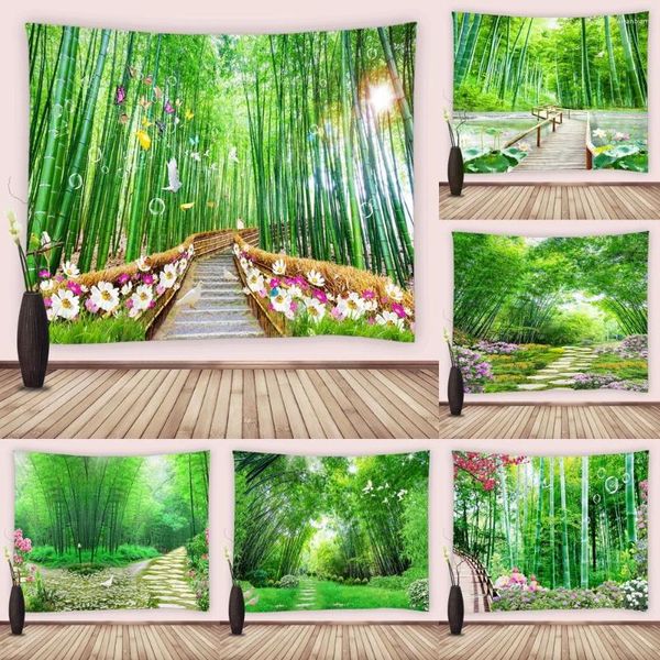Tapisseries Vert Nature Bambou Forêt Tapisserie Tenture Murale Tissu 3D Jardin Fleurs Paysage Pour Chambre Salon Dortoir Décor
