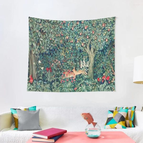 Tapisseries verdure forêt animaux lièvres bleu vert rouge tapisserie florale mignon chambre décor papier peint chambre esthétique