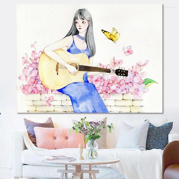 Tapisse guitar girl tapestry wall tissu kawaii chambre à coucher tapis dortoir feuille de décoration