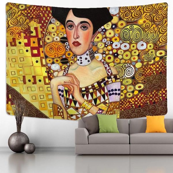 Tapices Gustav Klimt Pintura al óleo Tapiz Colgante de pared Beso de oro Decoración de arte abstracto Manta de poliéster Estera de yoga Dormitorio en casa