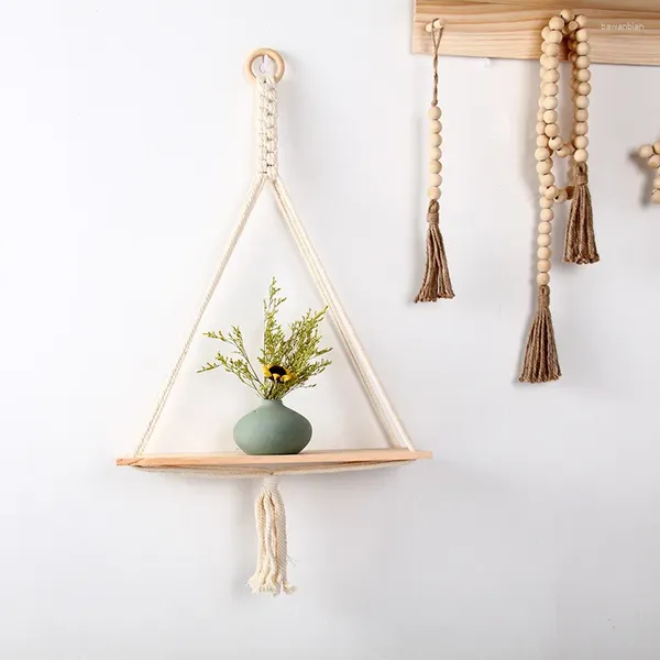 Tapices Estante de macramé tejido a mano Estantes de madera para pared Bohemio Estante colgante de madera Organizador Decoración flotante interior