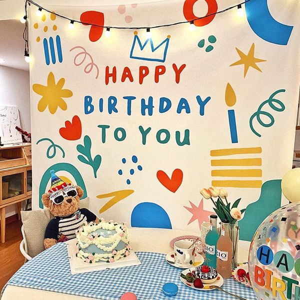 Tapices Fondo de feliz cumpleaños Tapiz de tela Kawaii Habitación para niños Decoración de pared Niñas Dormitorio Dibujos animados Fiesta en casa Decoración 230531