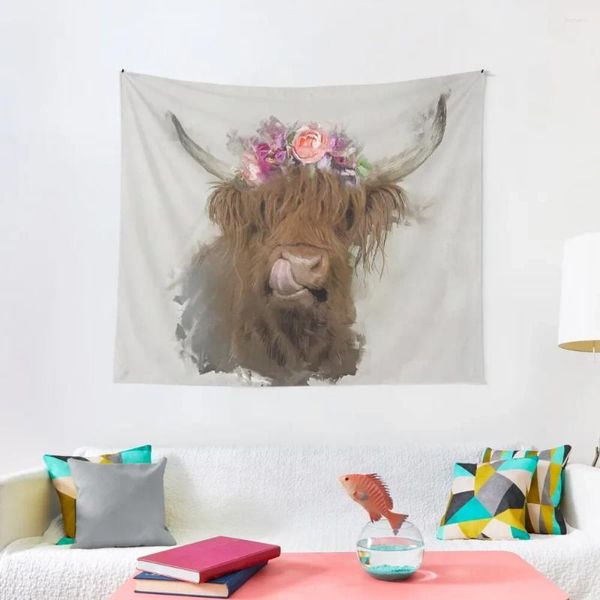 Tapisseries Highland Cow Flower couronne peinture tapisserie peintures décoratives peintures murales décorations pour votre chambre