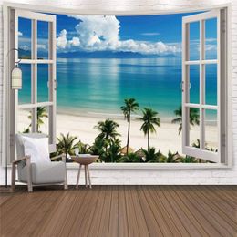 Tapisseries Imitation fenêtre paysage tapisserie tenture murale arbre Tropical Art décoration de la maison mer lever du soleil dortoir 231026