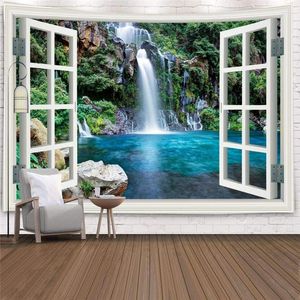 Tapestries Imitation Window Landscape Waterfall Tapestry Wall Hanging Tropical Tree Art Home Decoration Sea Sunrise Dorm