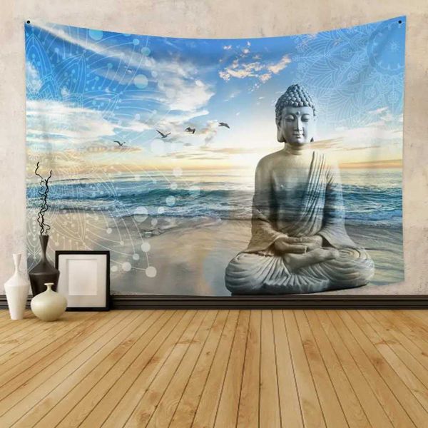Tapices Tapiz de meditación con estatua de Buda indio, creencia religiosa, Buda Zen, tapiz para colgar en la pared para dormitorio, sala de estar, decoración