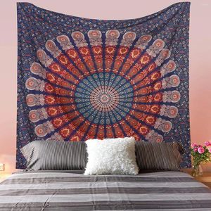 Wandtapijten Indiase hippie Boheemse psychedelische gouden blauwe pauw Mandala muurhangend beddengoed Tapestry Queen