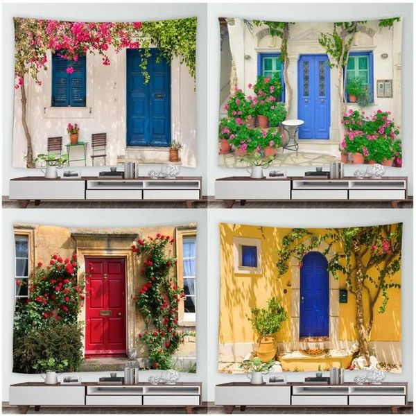Tapisseries italien street fleurs décors de douche rétro de la porte en bois bleu rétro rideaux de bain européens