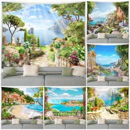 Tapisseries italie paysage tapisserie fleurs de printemps plantes seaside ville océan nature jardin mur suspendu home salon décoration mural