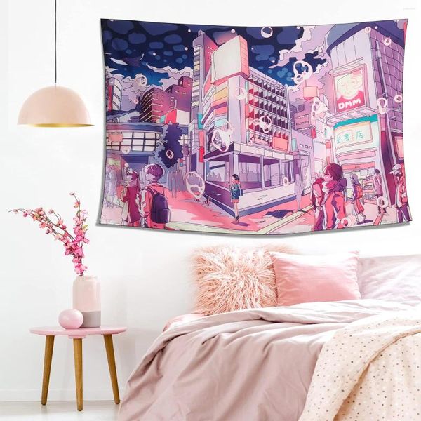 Tapices Anime City City Tapestry Kawaii Decoración de pared de dibujos animados Japón Tokio Vista nocturna Dormitorio