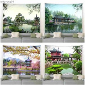 Tapisseries japonais parc nature paysage tapissery river pavilion grets plantes fleurs de style chinois décor décor de la maison tissu pending r230817