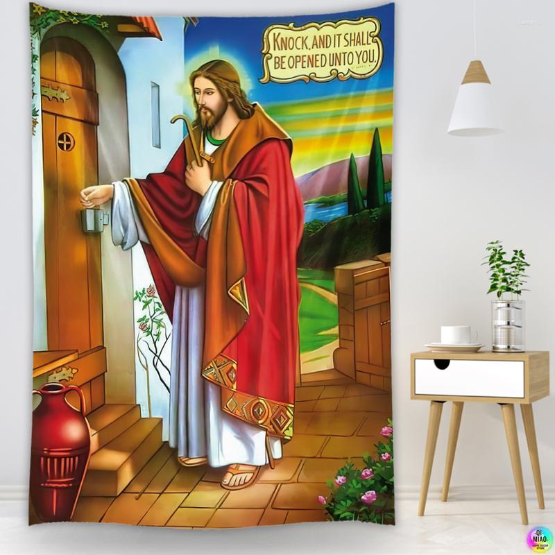 Taquestres Jesus Cristo batendo na porta de tapeçaria Decoração de parede de natal Crentes cristãos sábios pendurando decoração de Páscoa em casa