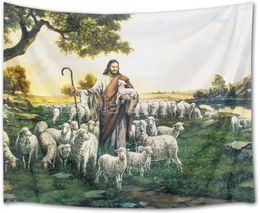 Tapisseries Jésus-Christ avec des moutons et fond de paysage Tapisserie de chambre à coucher décoration de dortoir du salon