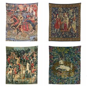 Tapisseries Roi Arthur et ses chevaliers Légende médiévale Captive Unicorn Hunt Mille Fleurs Tapestry By Ho Me Lili Wall Hanging Decor 230620