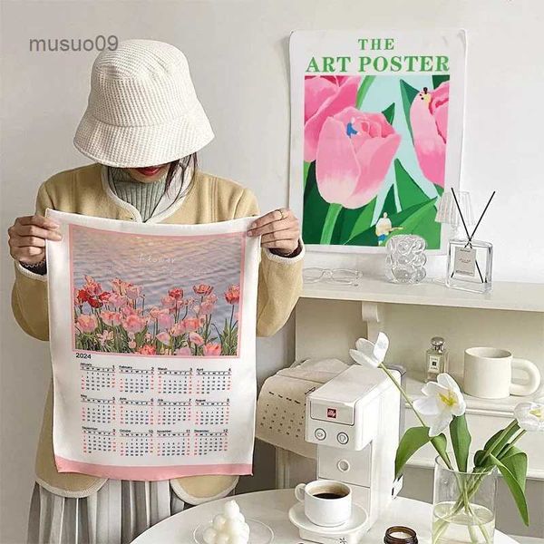 Tapisseries coréennes 2024 calendrier suspendu tissu filles chambre décorative tapisserie murale chambre fond INS tulipes suspendus tissu photo accessoire