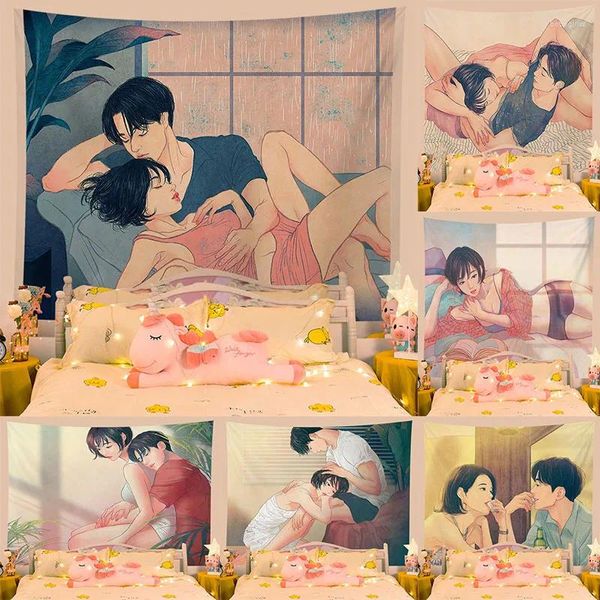 Tapisseries Style coréen romantique petit Couple frais Figure amour Illustration fond tapisserie décoration de la maison tenture murale tissu