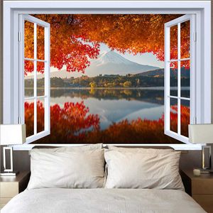 Tapisseries Paysage à l'extérieur de la fenêtre Tapisserie 3D Montagne Lac Coucher de Soleil Paysage Naturel Tenture Murale Esthétique Chambre Décor Fond Tissu