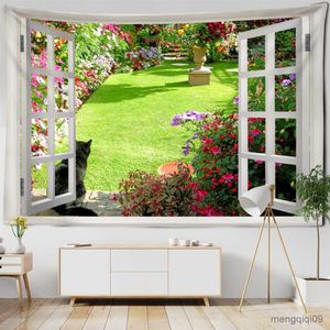 Tapestries Landscape Outside The Window Tapestry Wall Hanging Bohemian Style Curtain Aesthetic Mandala Room Decor R230713