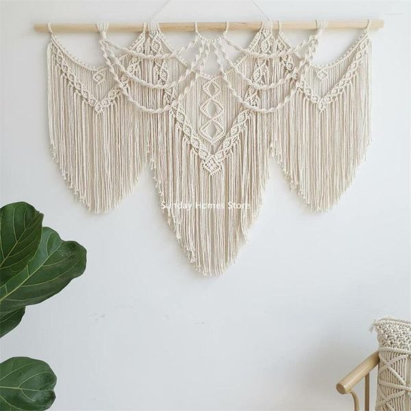 Tapices Tapiz colgante de pared de macramé grande con palo de madera Tejido a mano Bohemia Borla Cortina Boda Backgrou Boho Decoración