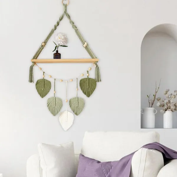 Tapisseries feuilles macramé tenture murale tapisserie tissée étagère flottante en bois pour chambre à coucher intérieur salon toile de fond cadeau d'anniversaire