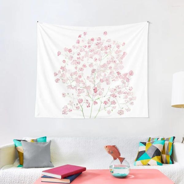 Tapices rosa claro bebé aliento ramo Gypsophila acuarela pintura tapiz estético decoración de la habitación Kawaii