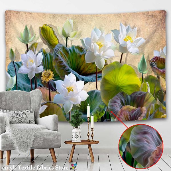 Tapisseries Feuille de Lotus Tapisseries indiennes Lotus Paysage Fond Tissu Chambre Chevet Tenture Murale Art Tapisserie Rideau Grande Taille