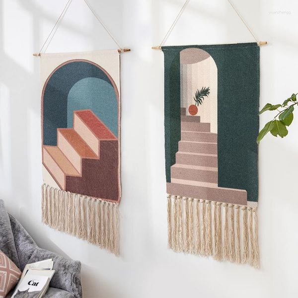 Tapices Macrame Tapiz tejido a mano Adorno musulmán Borla Bohemia Colgante de pared Geometría Marruecos Boho Apartamento Decoración del hogar