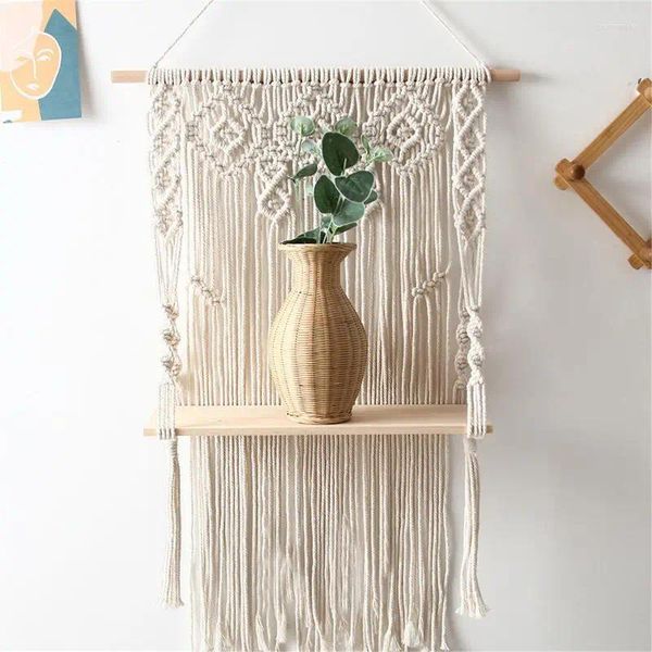 Tapisseries Macramé Étagères suspendues Bois Étagère flottante pour plantes Mur Boho Décor rustique Organisateur blanc Corde tissée à la main Bohème