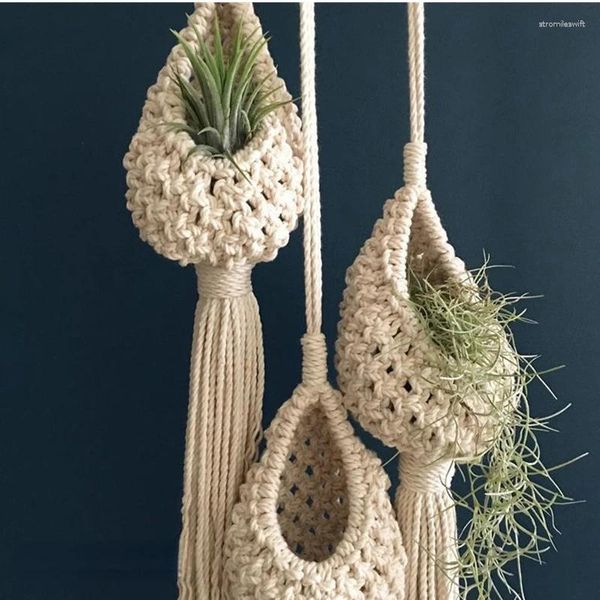 Tapices Macrame Cuerda Planta Colgante de pared Borla Cesta de flores Bolsa de red Tapiz Algodón Boho Chi Arte tejido para apartamento Dormitorio