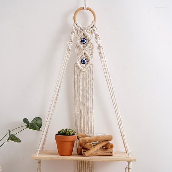 Tapices Macrame Tapiz Estante de madera con ojos afortunados Turco Mal algodón Bohemio Estantes tejidos para decoración del hogar Regalo