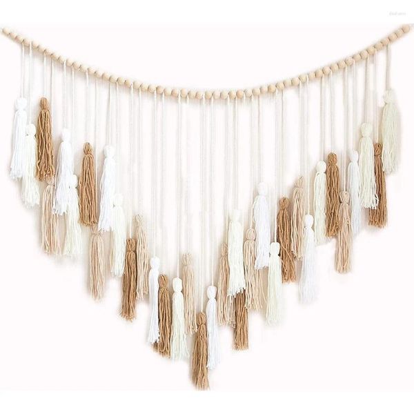 Tapices macrame pared colgante colgante con cuentas de madera-decoración bohemia para dormitorio y sala de estar marrón