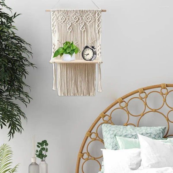 Tapisseries macrame étagère mural rack de salle de bain rustique bois flottant boho décor blanc étagères organisatrices à la main tissée à la main Bohemian