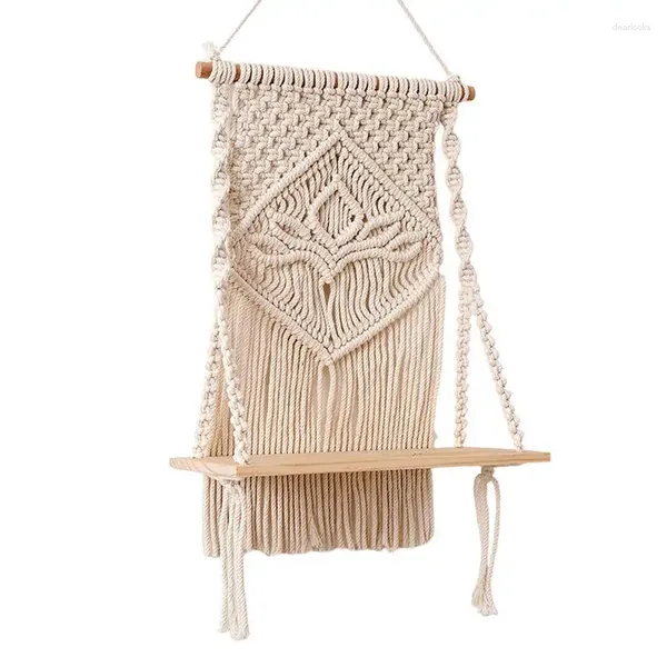 Tapices Macrame Estante de pared Estante de madera Flotante Planta rústica Blanco Boho Estantes Organizador Hecho a mano Cuerda tejida Decoración bohemia