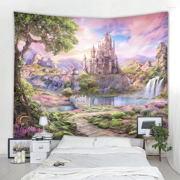 Tapisseries de décoration de fond de château magique, tapisserie murale nordique bohème Hippie pour chambre à coucher et salon