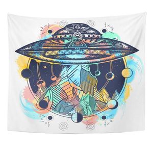 Tapisseries Mandala 50x60 pouces aquarelle espace OVNI navire et montagnes couleur tatouage extraterrestres astrologie Camping Kidnap décor tapisserie murale