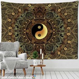 Tapisseries Mandala Pattern Tapestry Psychedelic Tai Chi Mur suspendu Dark Hippie Aesthetics Room Dormitory Living Home Decor