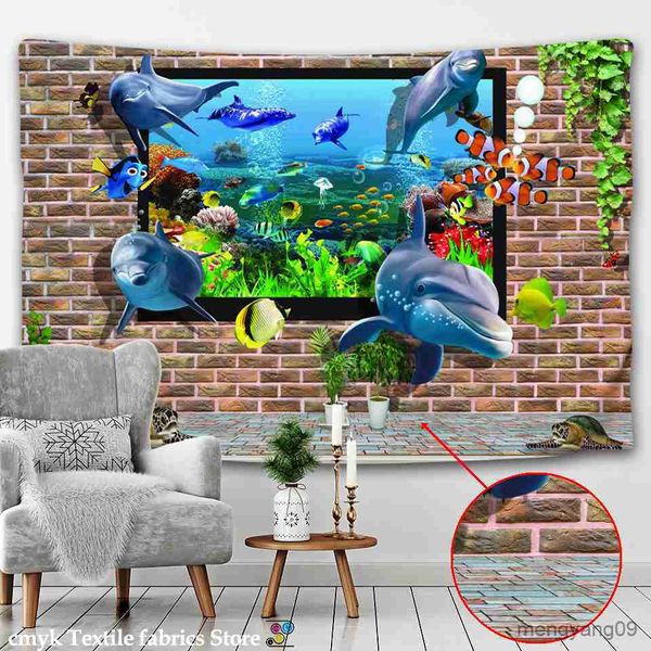 Tapices Marine Sae de Fish Tapestry Wall Wheling Underwater World Hippie Wall Pintura Decoración del hogar R230815