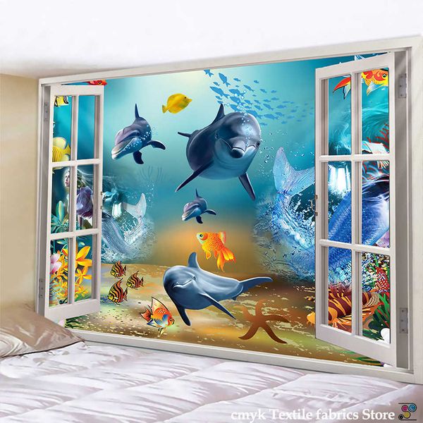 Tapisseries Marine banc de poisson tapisserie tenture murale monde sous-marin Hippie peinture murale décor à la maison