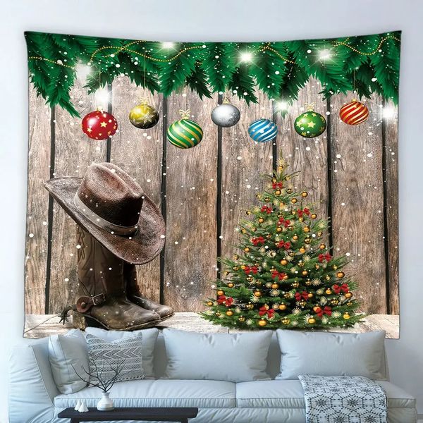 Tapices Feliz Navidad Tapiz grande Retro Granja Tablero de madera viejo Árbol de Navidad Vaquero Colgante de pared Paño Sala de estar Dormitorio Decoración del hogar 231207