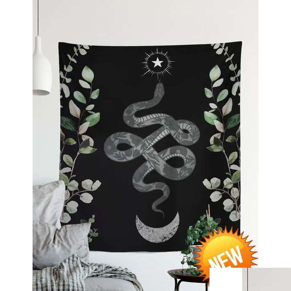 Tapices de luna y símbolo de serpientes - Hojas de eucalipto blanco negro Tapestismo Medón colgante Meditación Yoga Hippiehome Decoración Dhzqx