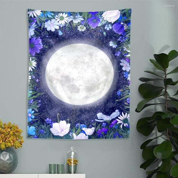 Tapices Luna Tapiz botánico Cielo estrellado Colgante de pared Boho Arte floral Tela Dormitorio Decoración estética del hogar