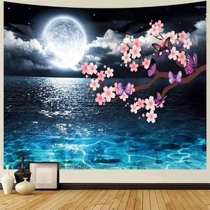 Tapisseries Moon Over Ocean Tapestry rose cerise fleur papillon art mur