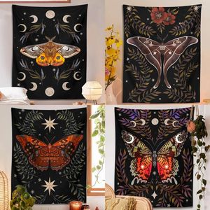 Tapisseries Lune Phase Moth Tapisserie Tenture Murale Papillon Vintage Esthétique Fleurs Planète Bohème Étoile Chambre Jeter Couverture Décor