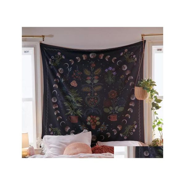 Tapices Luna Fase Planta Cielo Flor Tapiz de pared Hippie Dormitorio Decoración Cielo estrellado Alfombra Inventario Venta al por mayor Drop Deliv Dhzgk