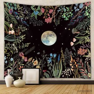 Wandtapijten Moonlit Garden Tapestry Celestial Floral Tapestry Wall Hanging Moon Phase sun Starry black Botanical Hippie Wall Carpets Decor R230713