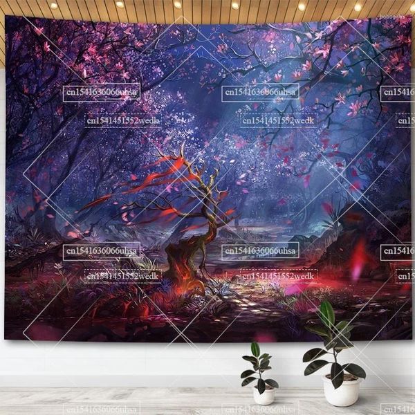 Tapisseries Champignon Forêt Arbre Jungle Tapisserie Hippie Trippy Fée Château Tapisseries pour Chambre Mur Art Décor Affiches Esthétique Papier Peint