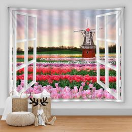 Tapisseries Nature Paysage Tapisserie 3D Imprimé Fleurs Plante Jardin Fenêtre Esthétique Chambre Décoration Maison Salon Chambre Décor TapizTapestr