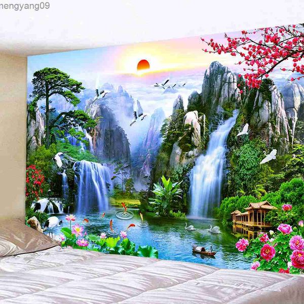 Tapisseries nature paysage tapisserie chinois peinture à la maison décor montagne cascade coucher de soleil mur fleur décoration mur de suspension r230817